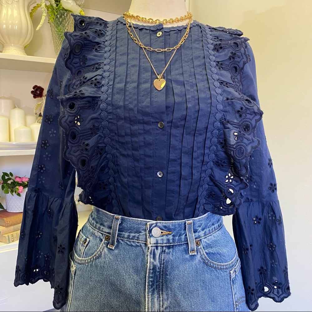 J Crew Navy Ruffle Eyelet Button Down Blouse - Picture 1 of 13